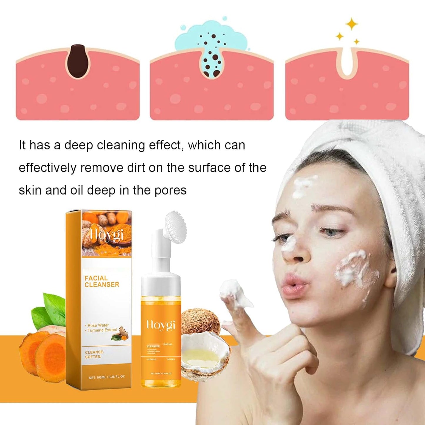 Turmeric Face Wash with Brush, Turmeric Foaming Facial Cleanser for All Skin, 3.38 Fl Oz/Pcs